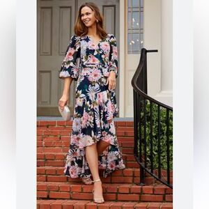 Eliza J Floral Print 3/4 Balloon Sleeve Faux Wrap Hi-Low Maxi Dress